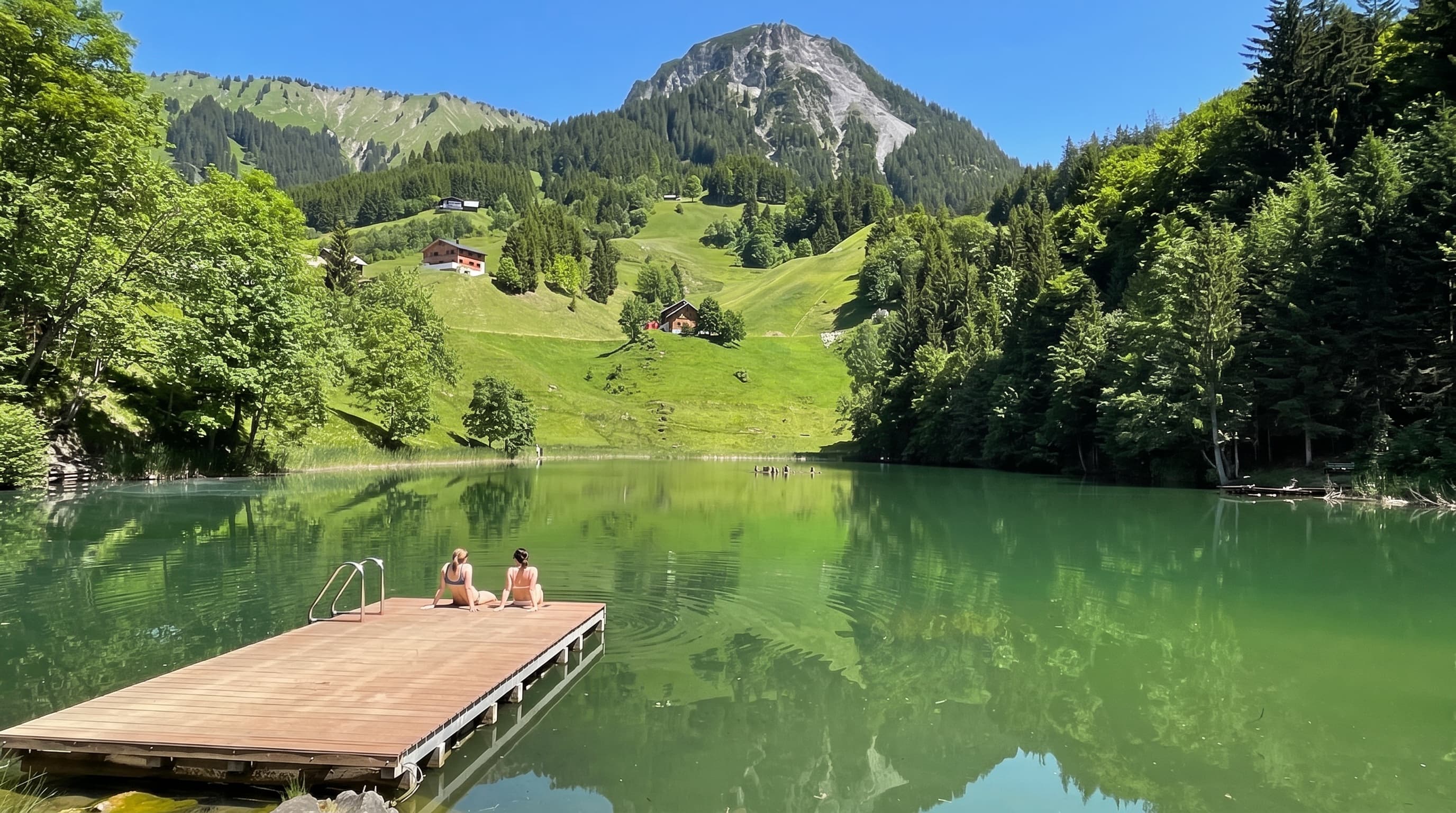 Der Seewaldsee mit Blick auf die Berge und den Steg
